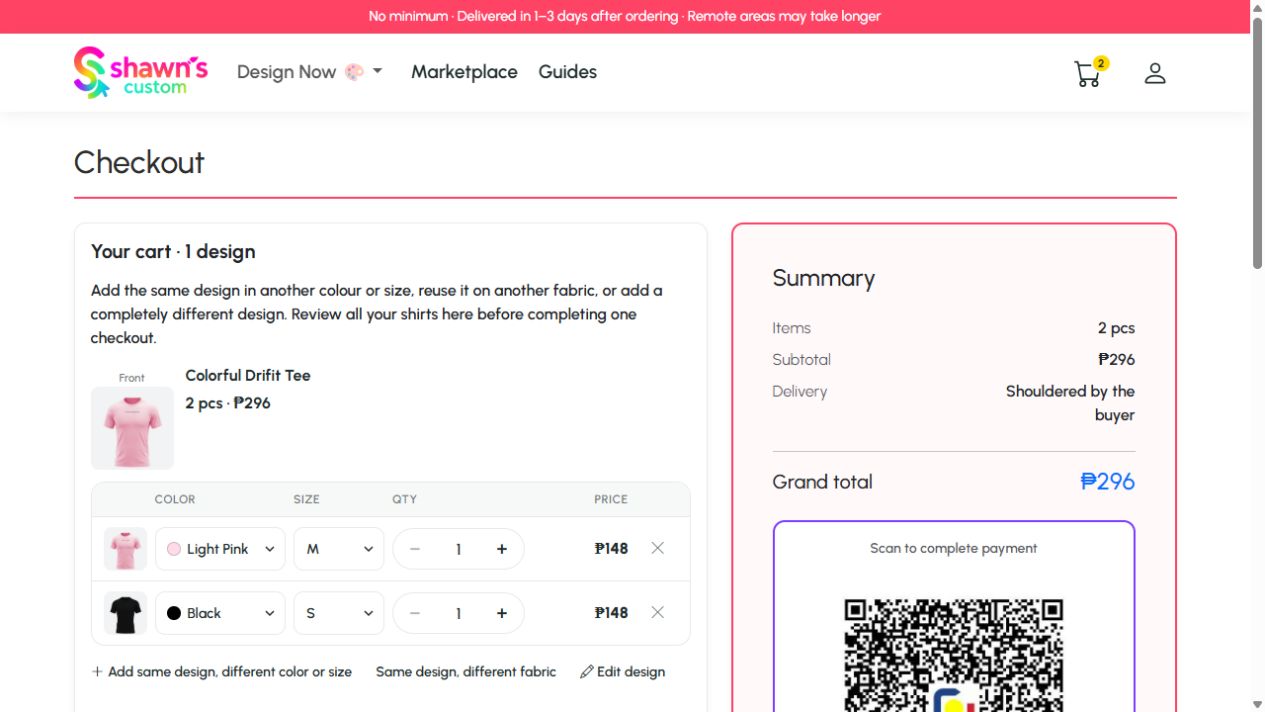Checkout showing one design in different colour and size rows and actions to add variants or reuse it on another fabric