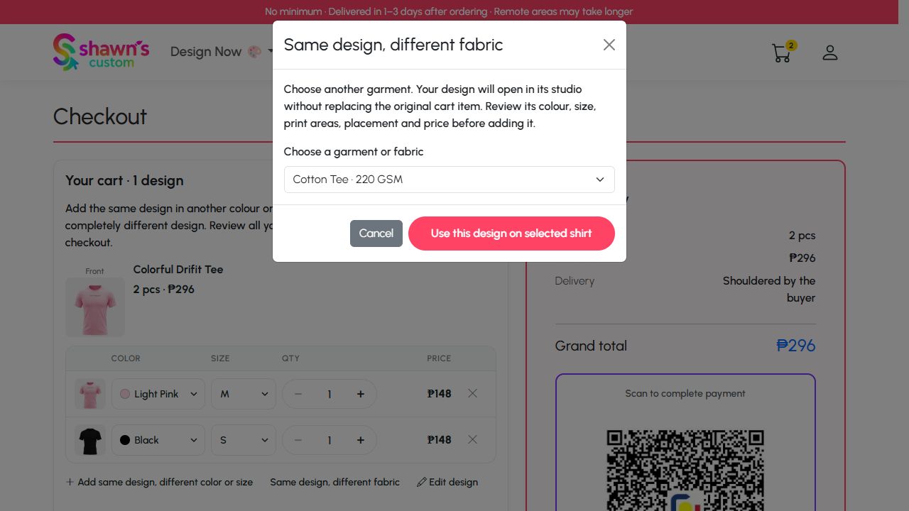 Checkout garment chooser for copying an existing design onto another fabric