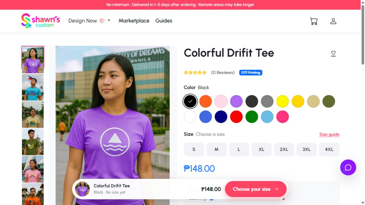 Drifit product page showing colour circles, size buttons, Size guide and the design button