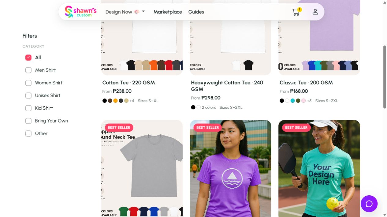 Shirt catalogue showing cotton, lightweight tee and drifit as separate products